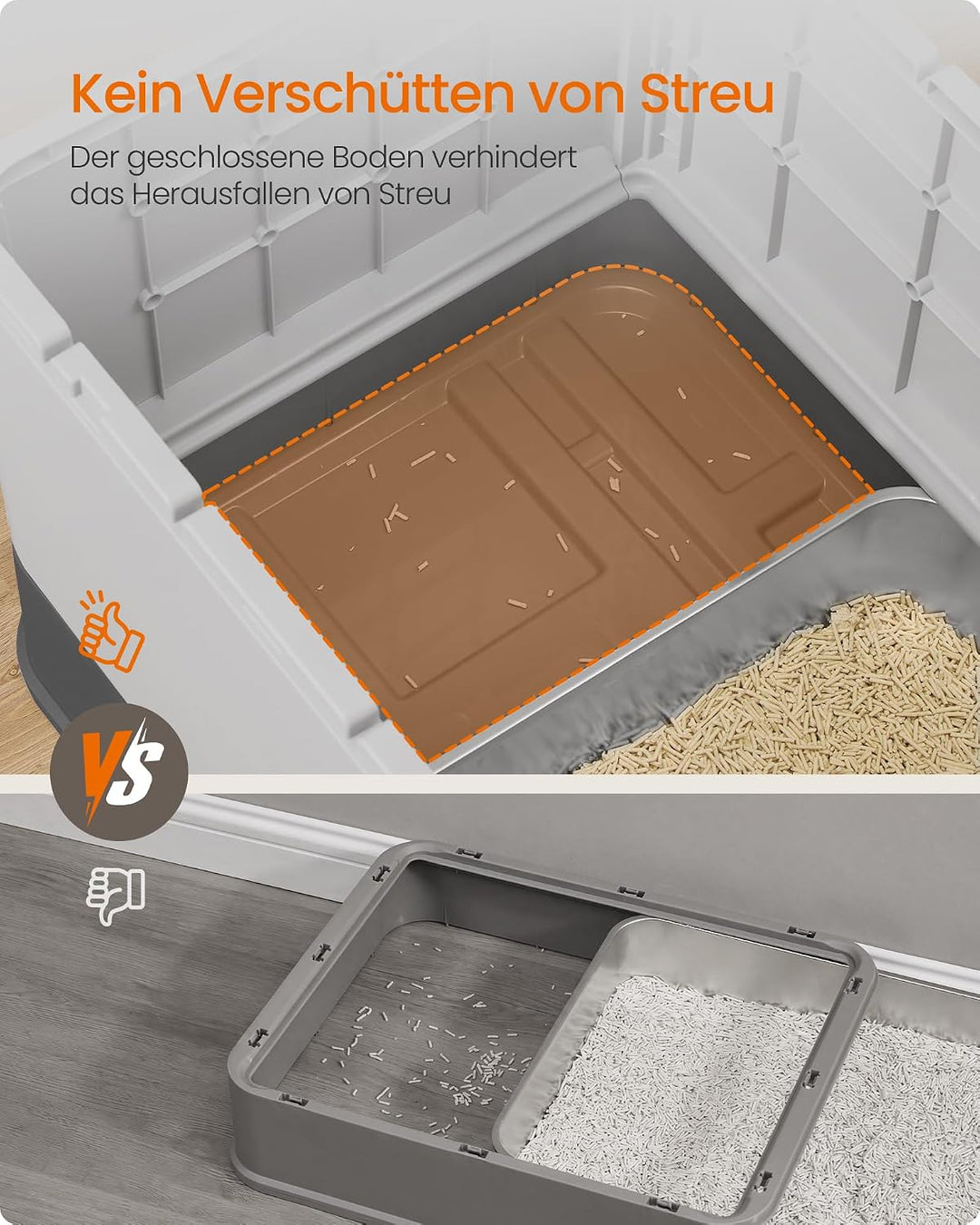 Feandrea Katzenklo Edelstahl, Katzentoilette, mit Deckel, ausziehbares Tablett, Schaufel, Bürste, fü
