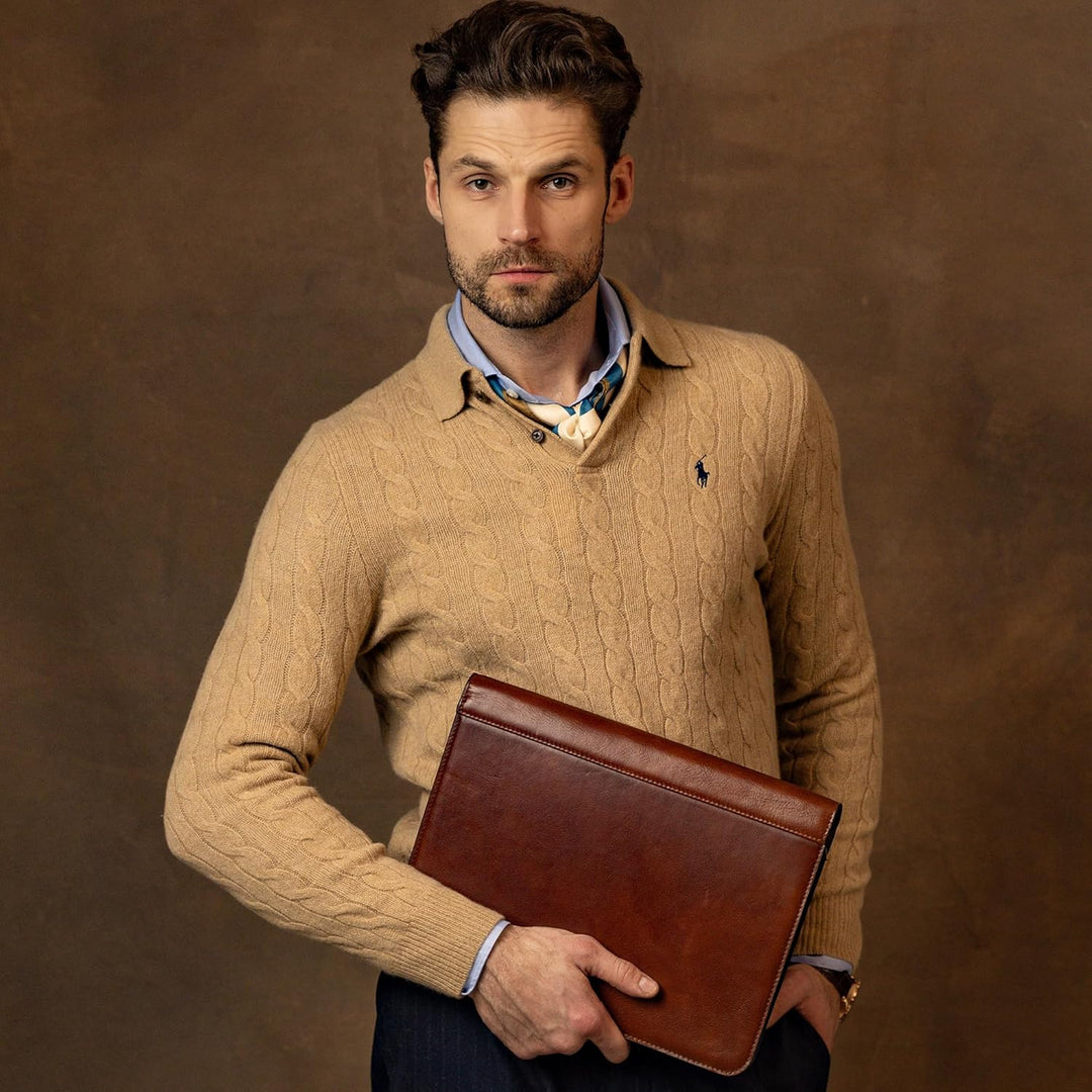 Leder Schreibmappe A4 - Konferenzmappe für Herren - Organizer Mappe - Stylische Aktenmappe - Cognac