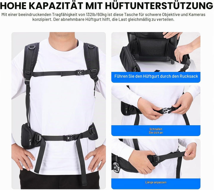 NEEWER 2 in 1 Kamerarucksack Rollen mit abnehmbaren stossfesten Trennwänden Griff Hüftgurt Regenschu