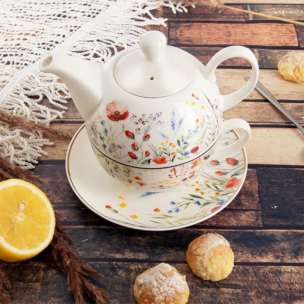 orion group Teekanne mit Tasse – 2-in-1 Set aus Porzellan mit Deckel & Untertasse – Ideal zum Servie