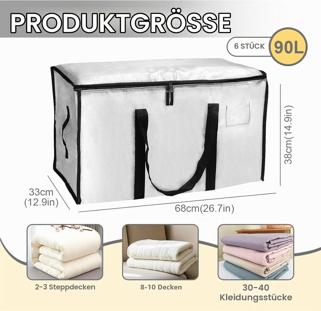 6 Stück Grosse Transparent Umzugstaschen, 90L Faltbare Aufbewahrungstasche mit Reissverschluss &amp; Gri