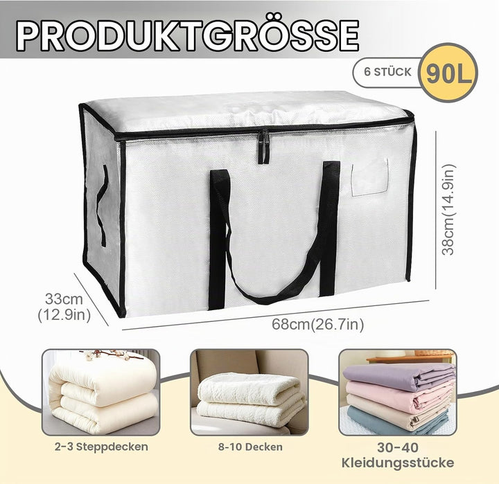 6 Stück Grosse Transparent Umzugstaschen, 90L Faltbare Aufbewahrungstasche mit Reissverschluss &amp; Gri
