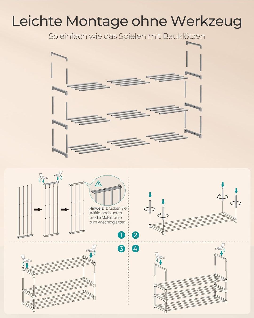 SONGMICS Schuhregal 3 Ebenen, Schuhständer Metall, Schuhaufbewahrung, Schuh-Organizer, aufrecht oder