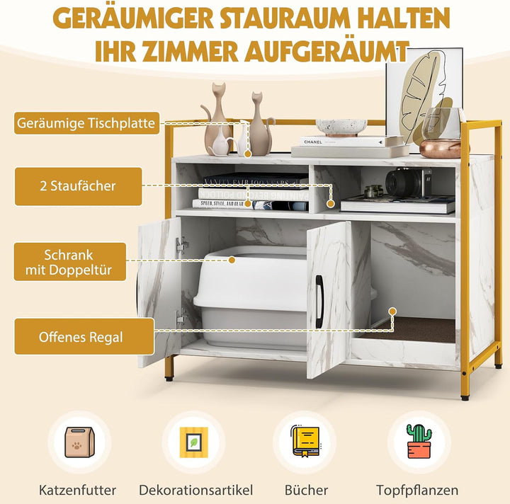 COSTWAY Katzenschrank Katzentoilette mit Doppeltüren &amp; Kratzunterlage, Katzenhaus mit offenem Regal