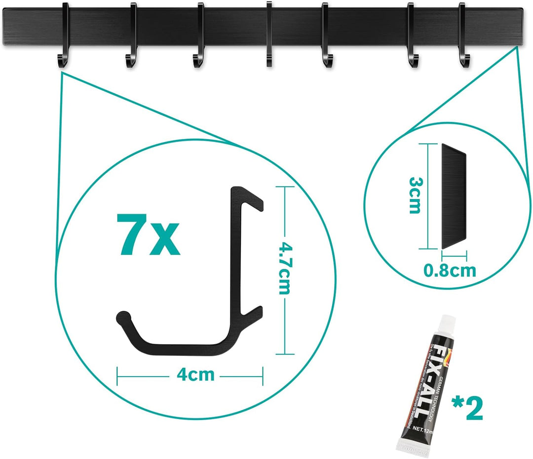 Poprkdre Hakenleiste Küche 40cm, Küchenhalterung ohne Bohren mit 7 abnehmbaren Haken, Aluminium küch