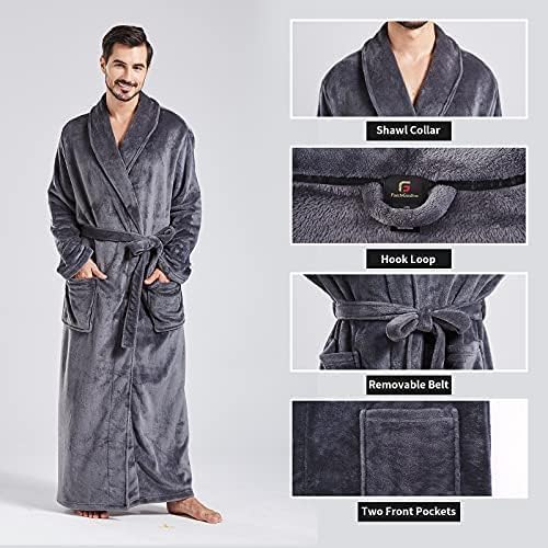 FashGudim Herren Bademäntel gross und gross in voller Länge Plüsch Fleece lange Robe Schal Kragen wa