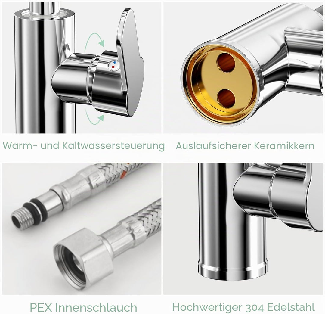 Wasserhahn Küche mit Flexibler Auslauf, Wasserhahn Küche Schwarz, Spültischarmatur 360° Drehbar, Küc