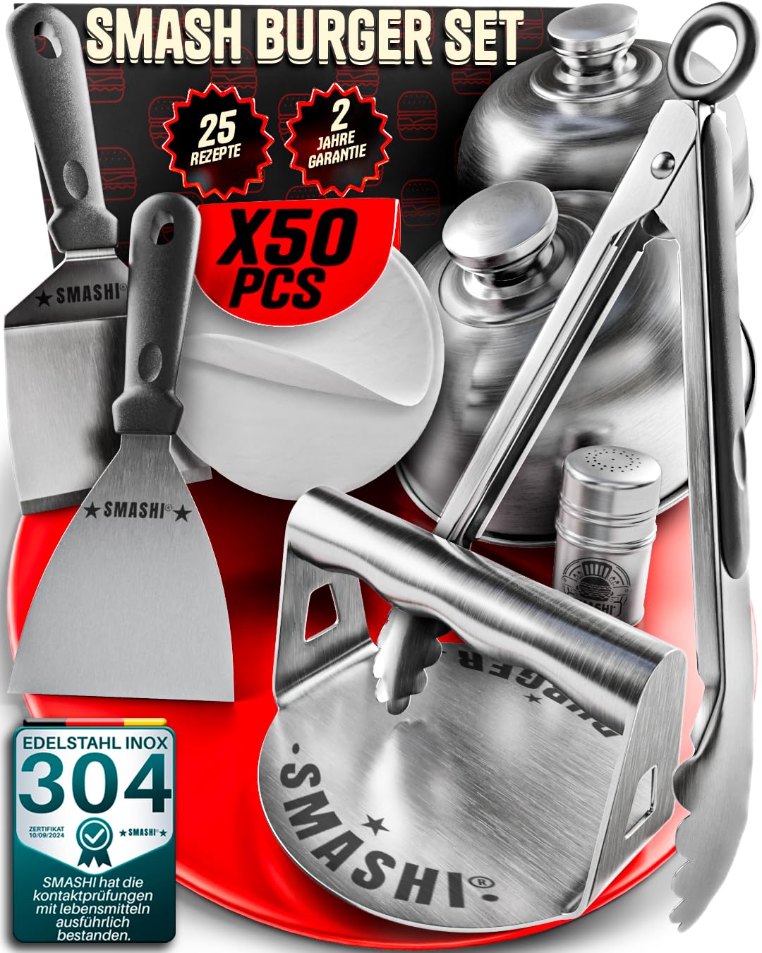 SMASHI® Smash Burger Set aus Edelstahl 304 – Professionelles Set mit Antihaft-Presse, Grillspachtel