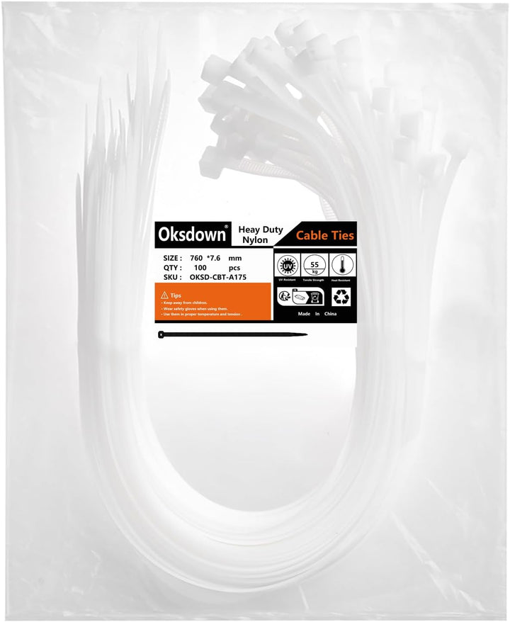Oksdown 760mm × 7,6mm Breit 100 Stück Extra Stark Kabelbinder mit 55 kg Zugfestigkeit Weiss UV-Bestä