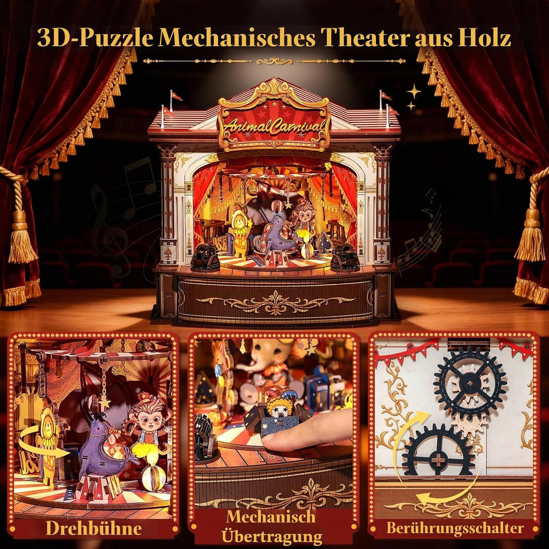 CUTEBEE 3D Holzpuzzle für Erwachsene - Rotierende Spieluhr Miniatur Haus Tier-Karneval 3D Puzzle Mod