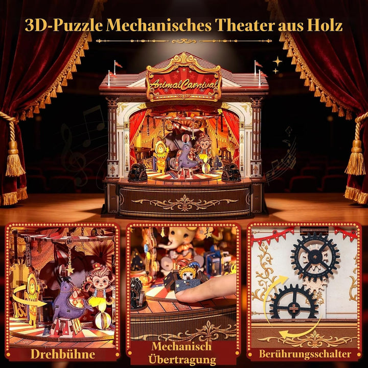 CUTEBEE 3D Holzpuzzle für Erwachsene - Rotierende Spieluhr Miniatur Haus Tier-Karneval 3D Puzzle Mod