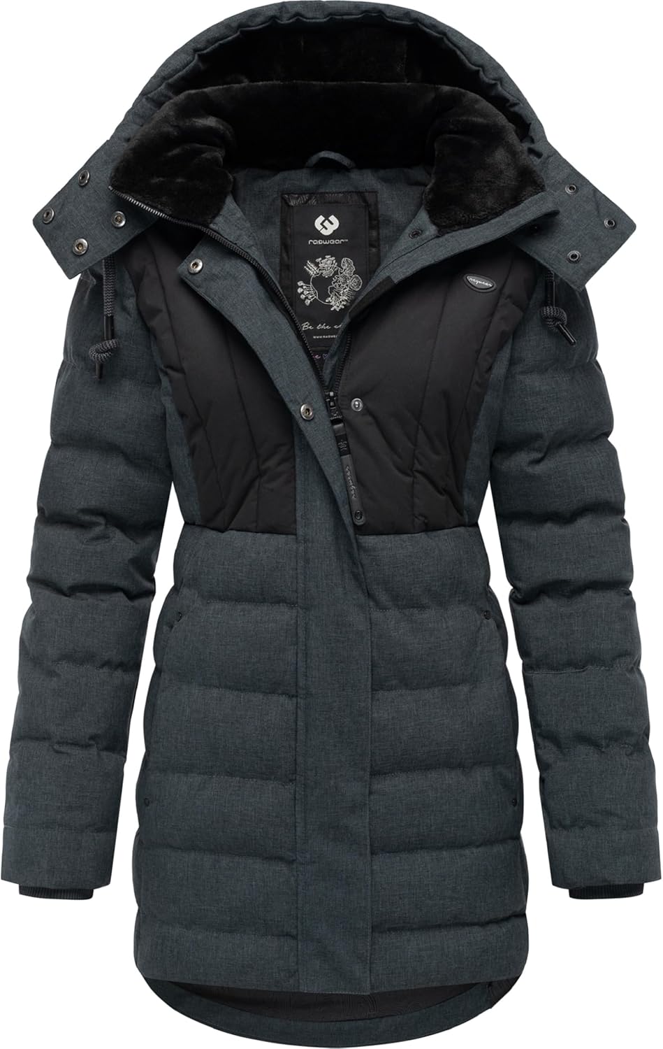 Ragwear Damen Wintermantel Warmer wasserdichter Steppmantel lang mit Kapuze Ashanta Block XS-6XL M D