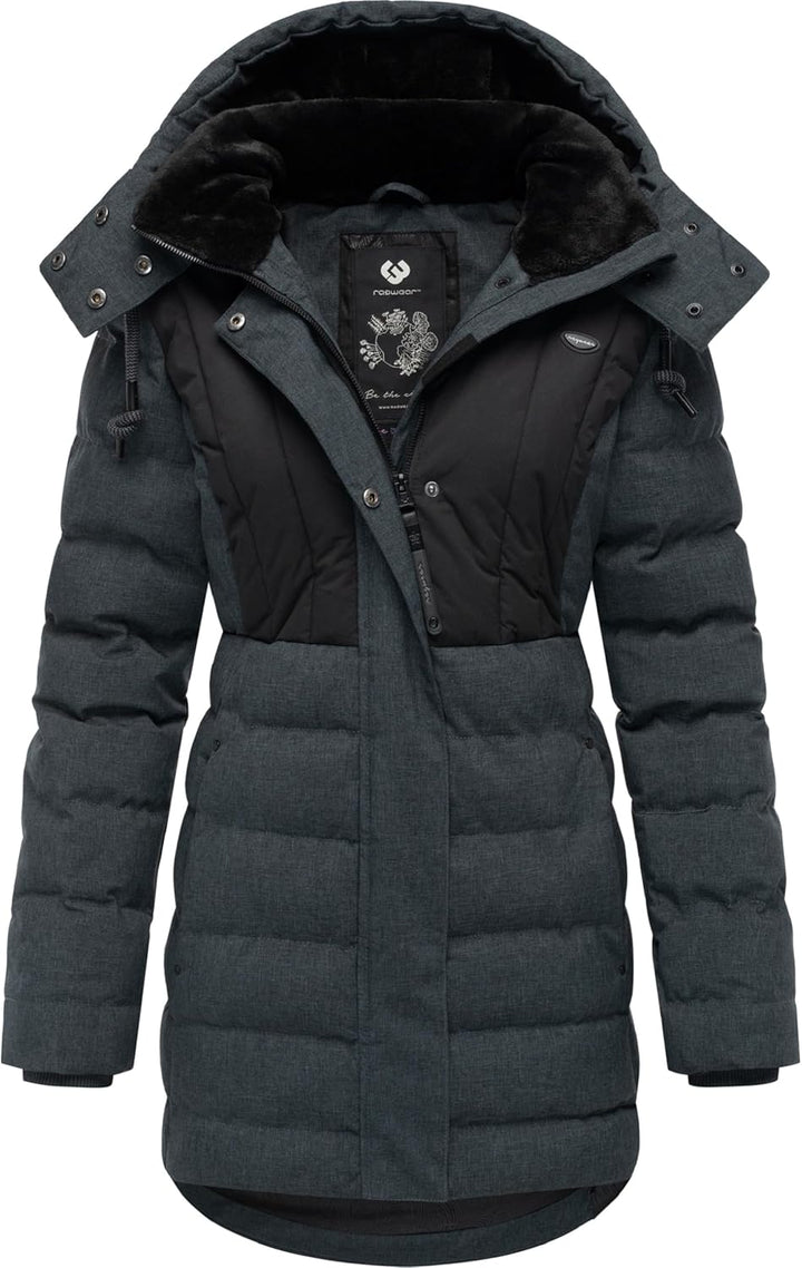 Ragwear Damen Wintermantel Warmer wasserdichter Steppmantel lang mit Kapuze Ashanta Block XS-6XL M D