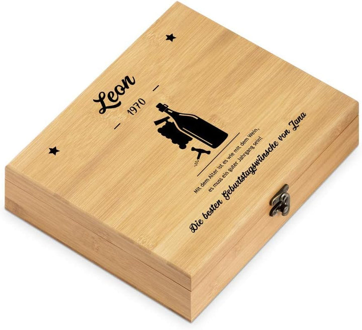 Maverton Weinöffner-Set personalisiert Weinset Sommelier Set - Geschenkbox Holzbox + 6er Weinzubehör