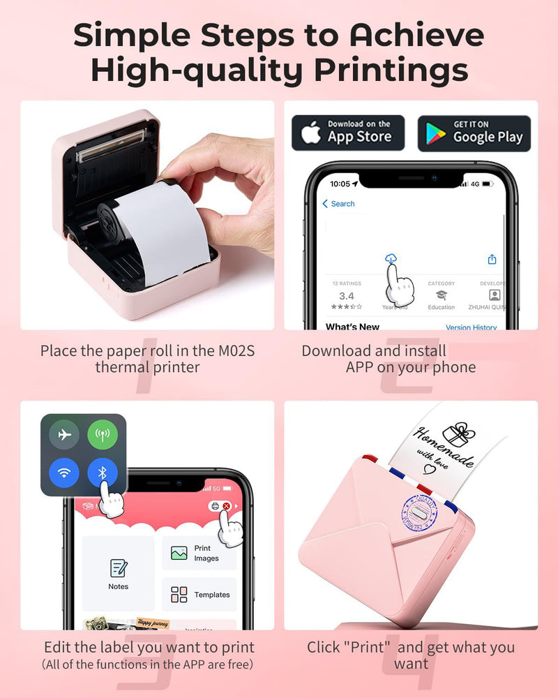 Minidrucker für Smartphone - M02S Pocket Printer, 300dpi Fotodrucker für iPhone, Thermodrucker Mini