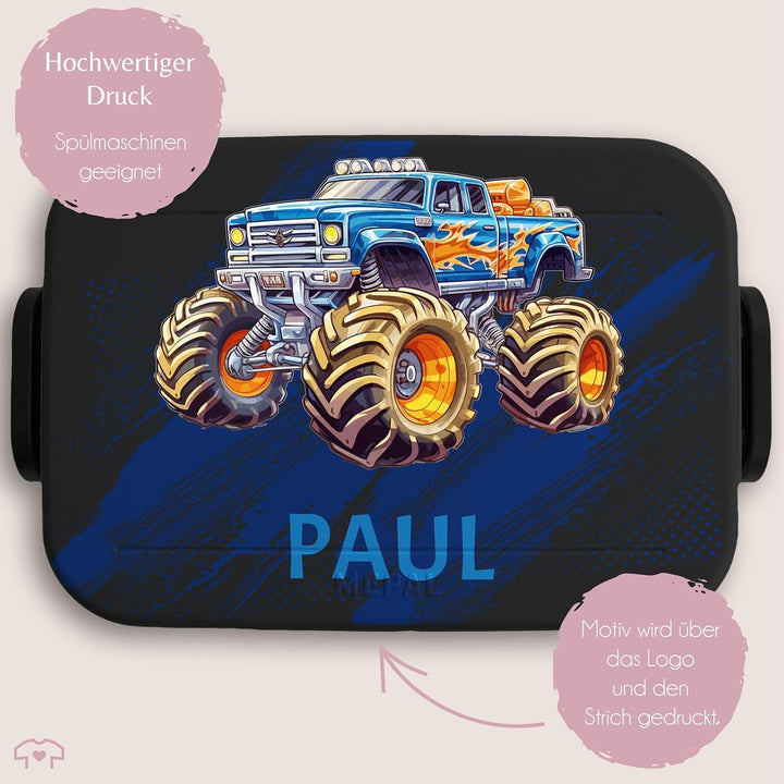 Kinder Bento Box Midi für Mepal Bentobox - Auto - Lunchbox Monstertruck mit Name Brotbox Monster Tru
