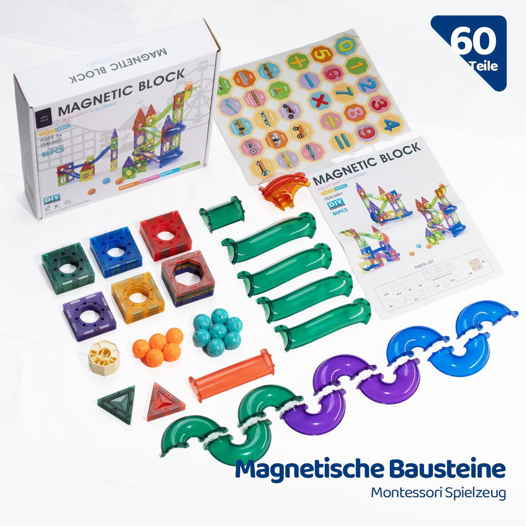 Magnetbausteine Kugelbahn in Regenbogenfarben mit 60 Teilen, Kleine 6cm Grösse, Lernspielzeug für Ki
