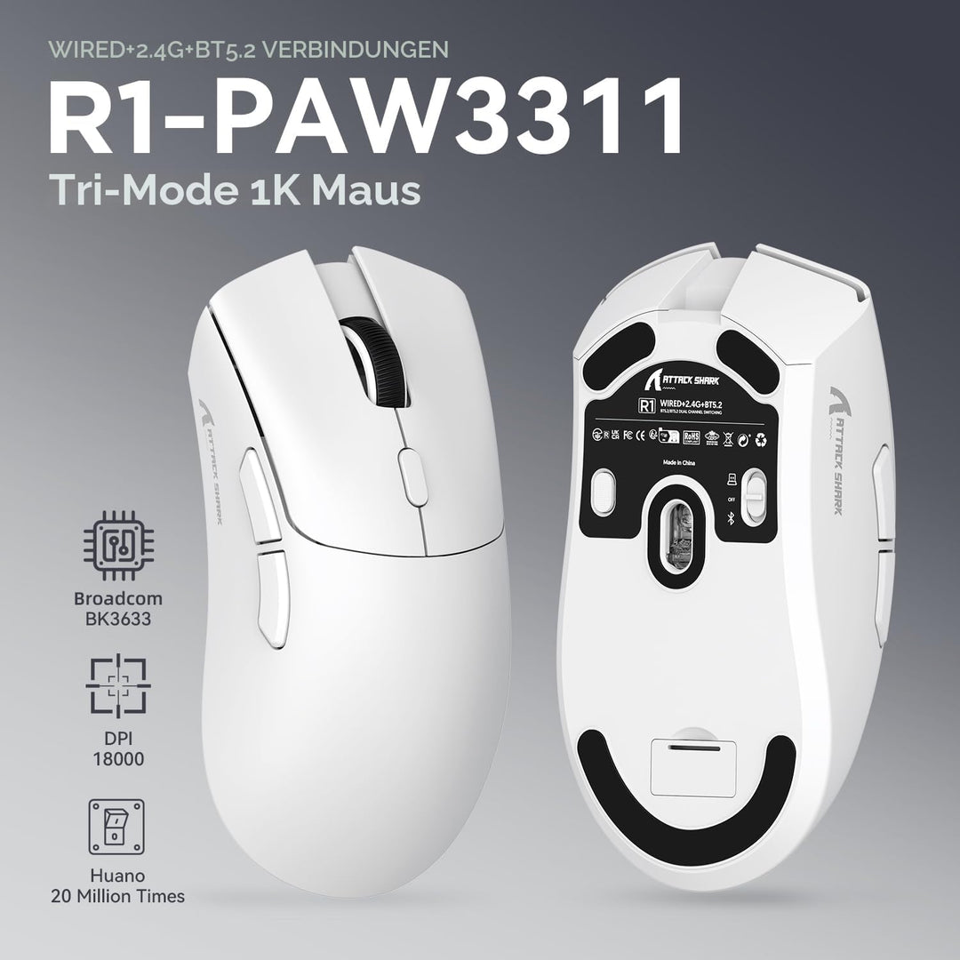 ATTACK SHARK R1 59g Superlight Maus, PixArt PAW3311 Gaming-Sensor, BT/2,4G kabellose/kabelgebundene