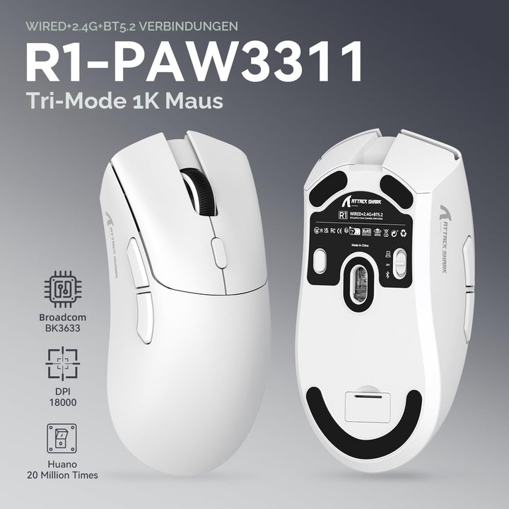 ATTACK SHARK R1 59g Superlight Maus, PixArt PAW3311 Gaming-Sensor, BT/2,4G kabellose/kabelgebundene