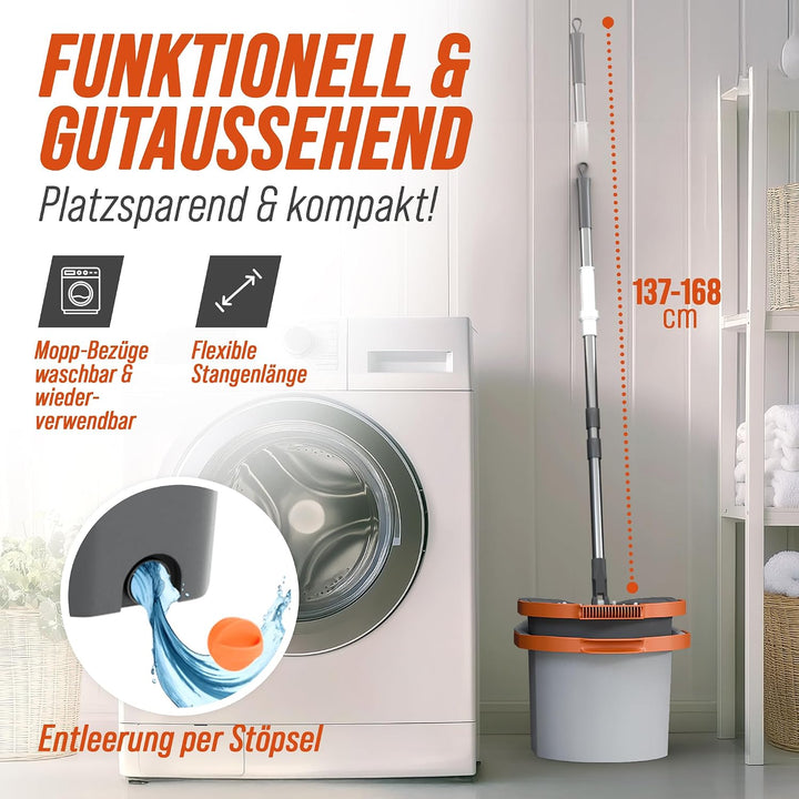 Wischmopp Set mit Eimer [Schmutzwasser Trennung] Bodenwischer mit Pedal-Auswringfunktion &amp; 2 Mikrofa