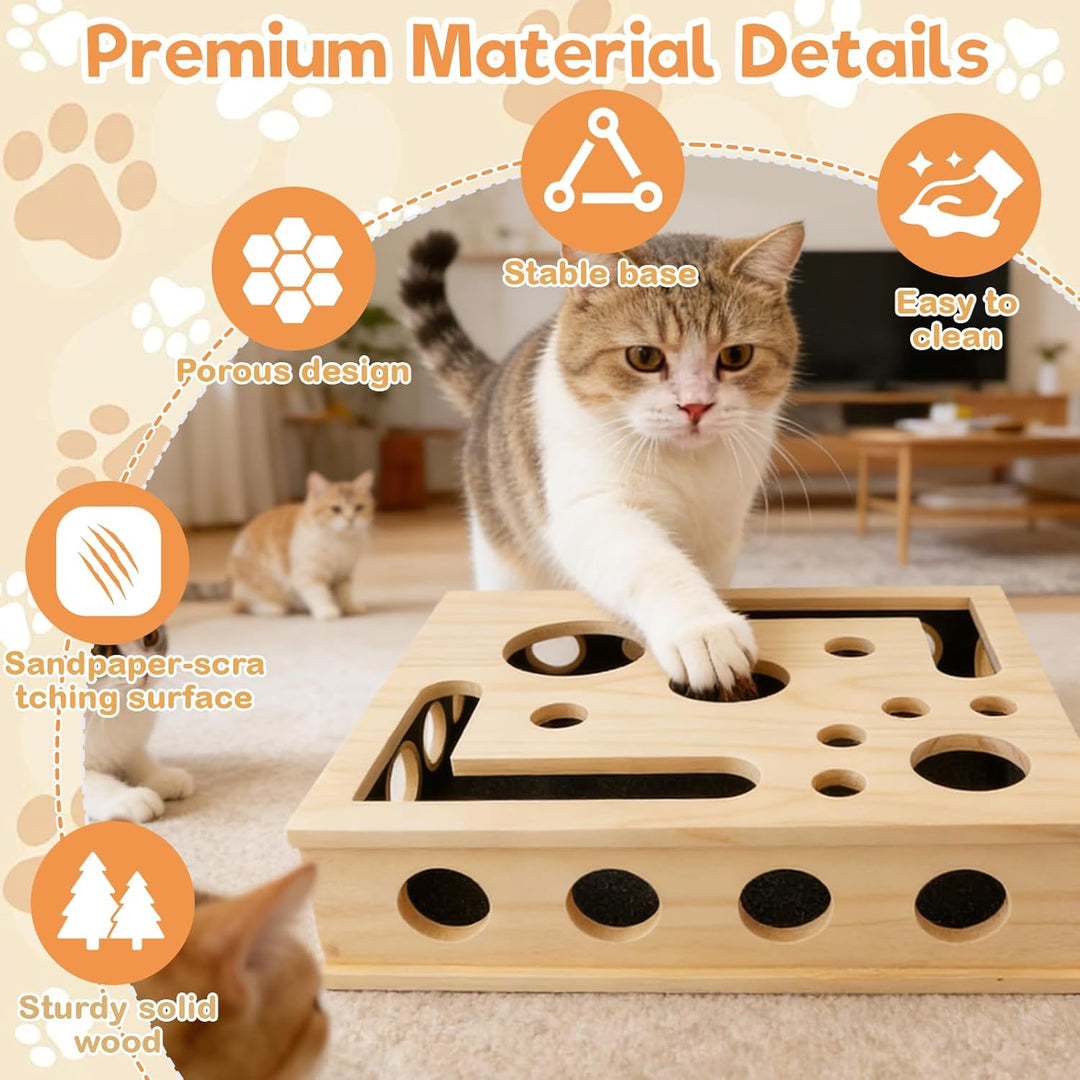 Kratzbretter Katze Katzenkratzpuzzle Anreicherungsbox, Massivholz Katzen Kratzbrett mit Lustigen Löc