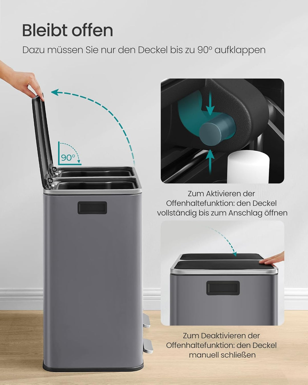 SONGMICS Mülleimer, 2 x 30 Liter, 2 Fächer, Mülltrennsystem, Treteimer, Abfalleimer Küche, 15 Müllsä