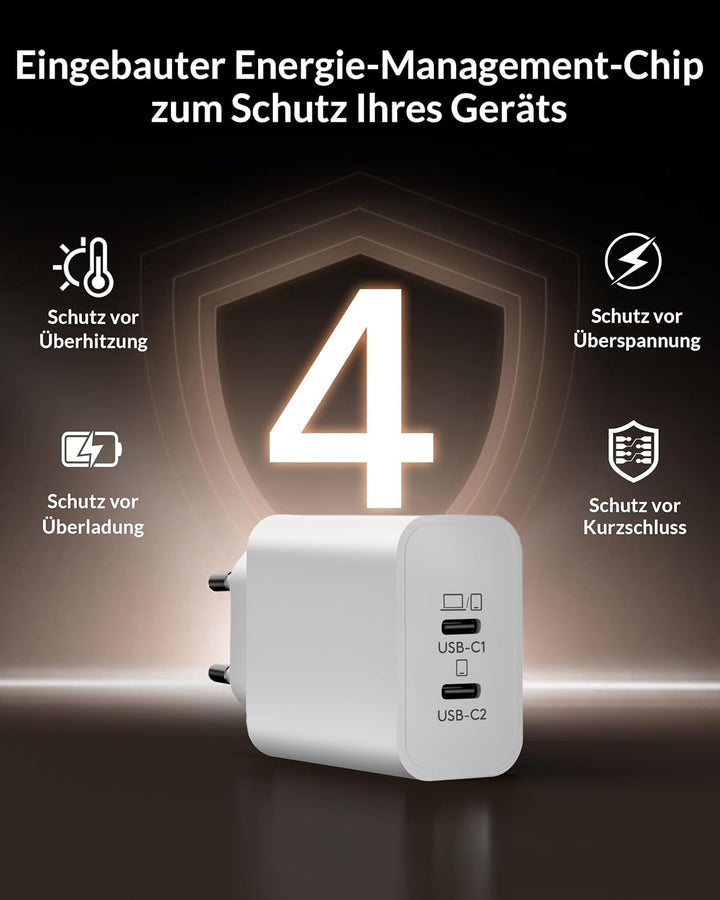 60W 2-Port USB C Ladegerät mit Ladekabel für iPhone 17 Pro Max 17 Air, iPhone 16 15 Pro Max Plus 16e