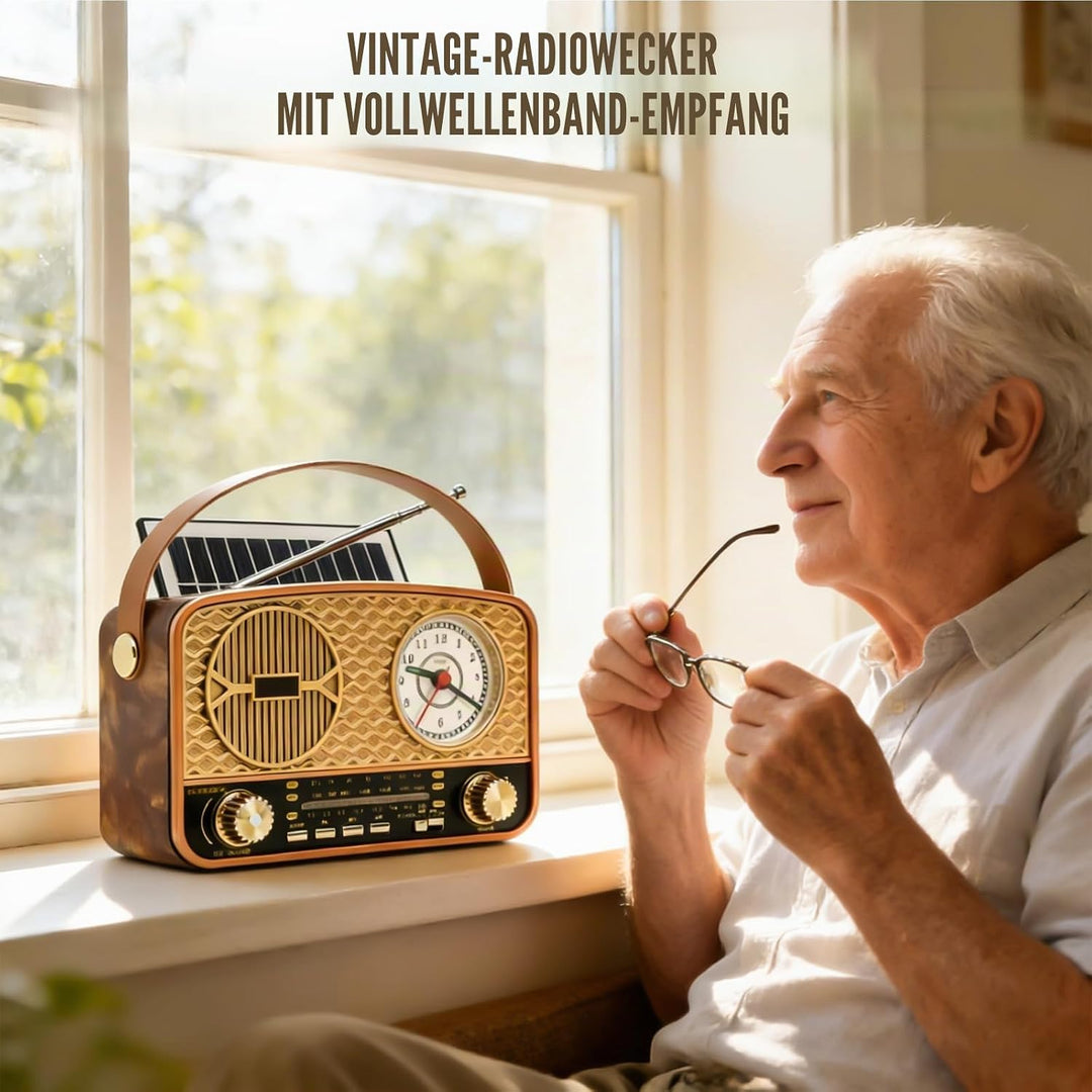 Radio Tragbar AM/FM/SW, Retro Radio, Solar Radio, Bluetooth Lautsprecher, Küchenradio, USB/TF/AUX Fu
