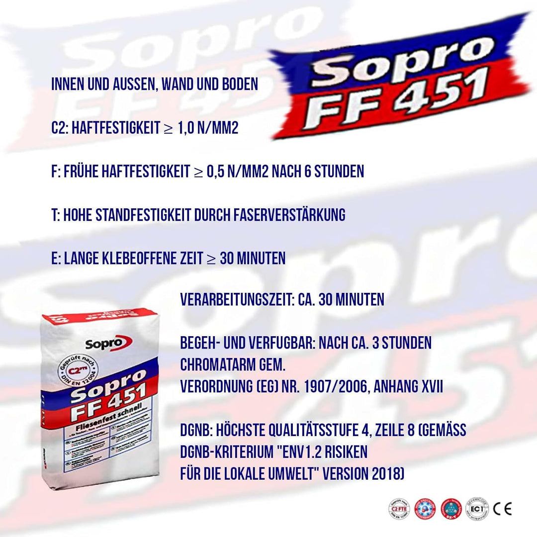 Sopro FF 451 25 kg Fliesenkleber Fliesenfest Flexkleber schnell Kleber Grau Zement Paste Wasserfest