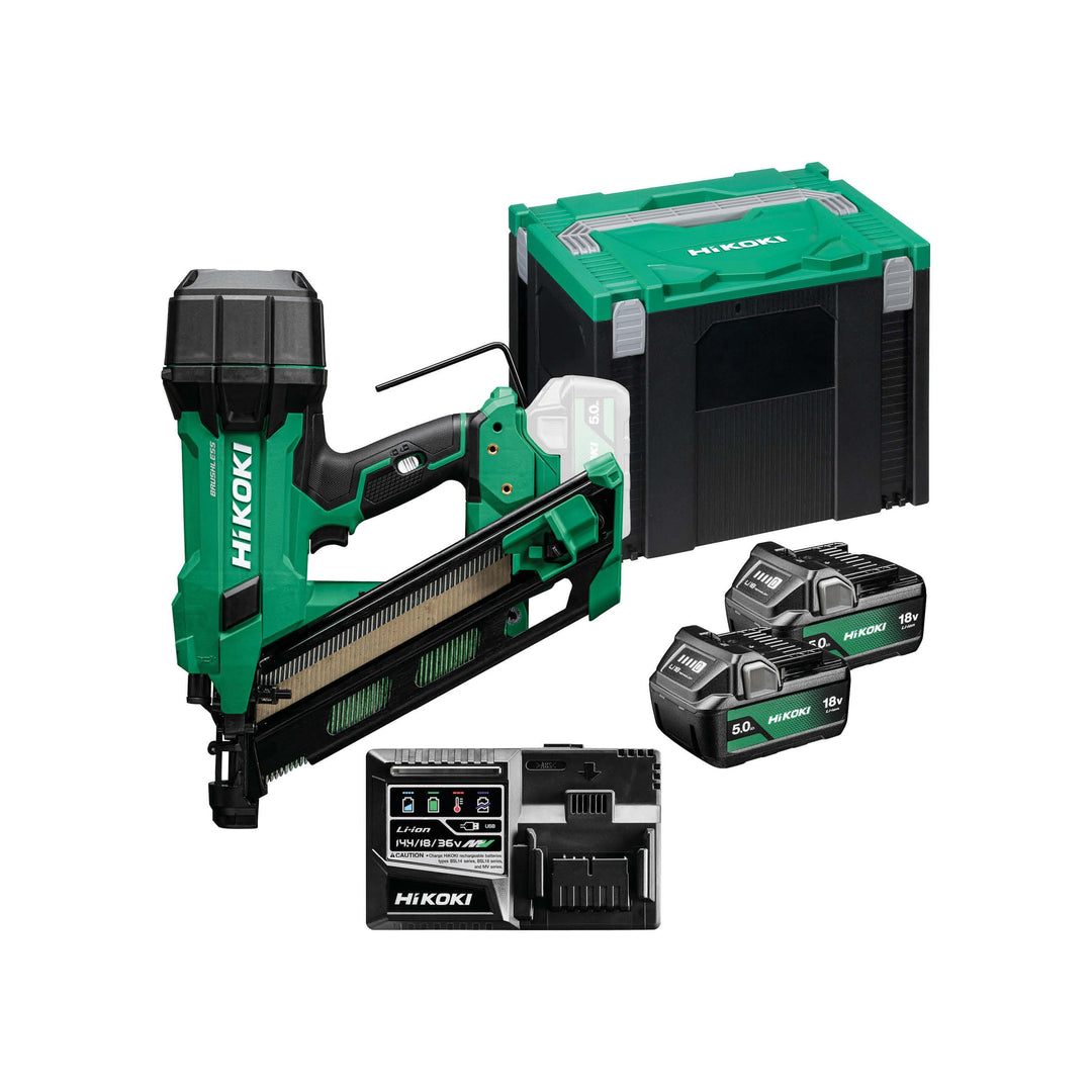HiKOKI Akku-Streifennagler 34° - 18 V, 50-90 mm Nägel - Leistungsstark, LED-Licht, Brushless Motor,