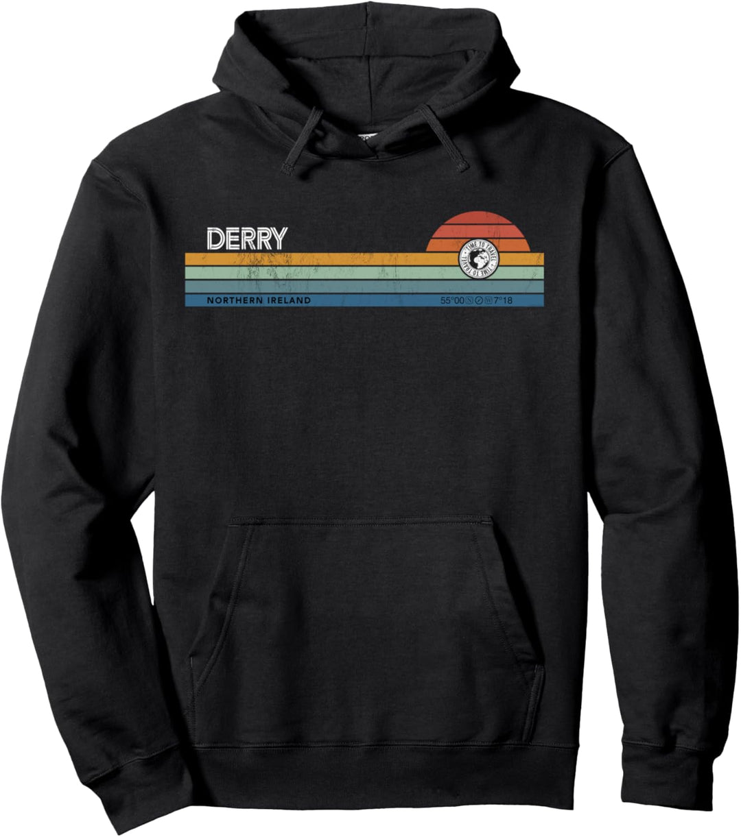 Derry Northern Irland United Kingdom Retro Sunset Rainbow Pullover Hoodie