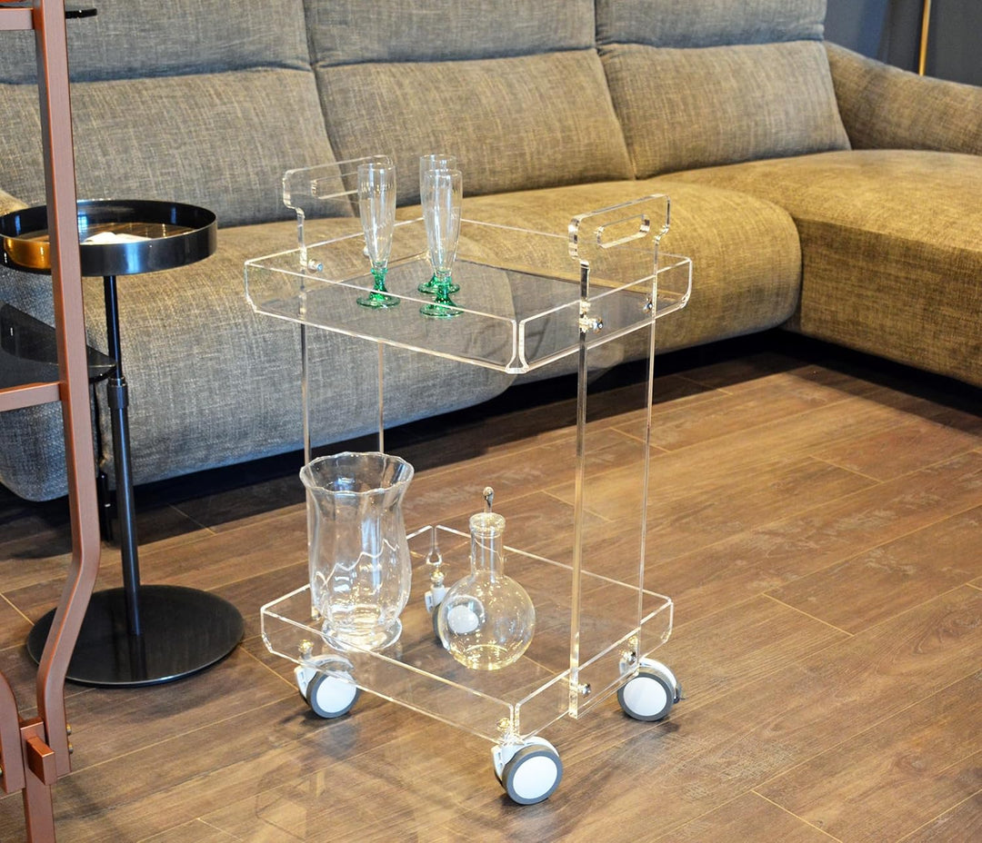 Slato Vinny Küchenwagen für Wohnzimmer und Küche mit Rädern, Vitrine mit zwei Ablagen aus Acrylkrist