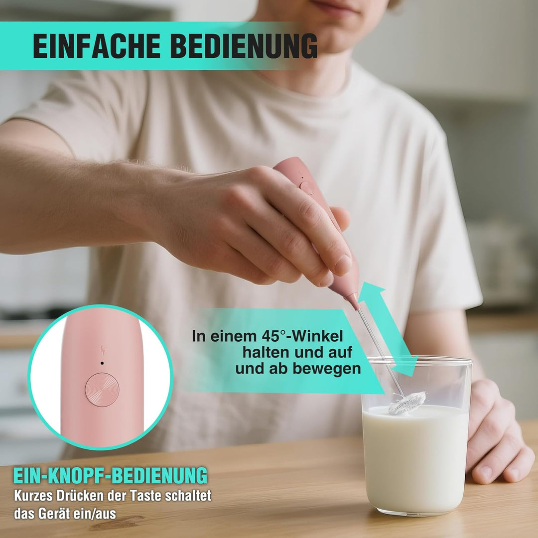 HAUSHOF Milchaufschäumer Stab, Wiederaufladbarer Hand-Milchschäumer, mit Schneebesen aus Edelstahl,