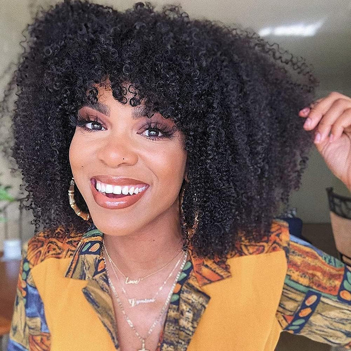Human Hair Wig Afro Kinky Curly Human Hair Wig With Bang For Women None Lace Human Hair Wig Glueless