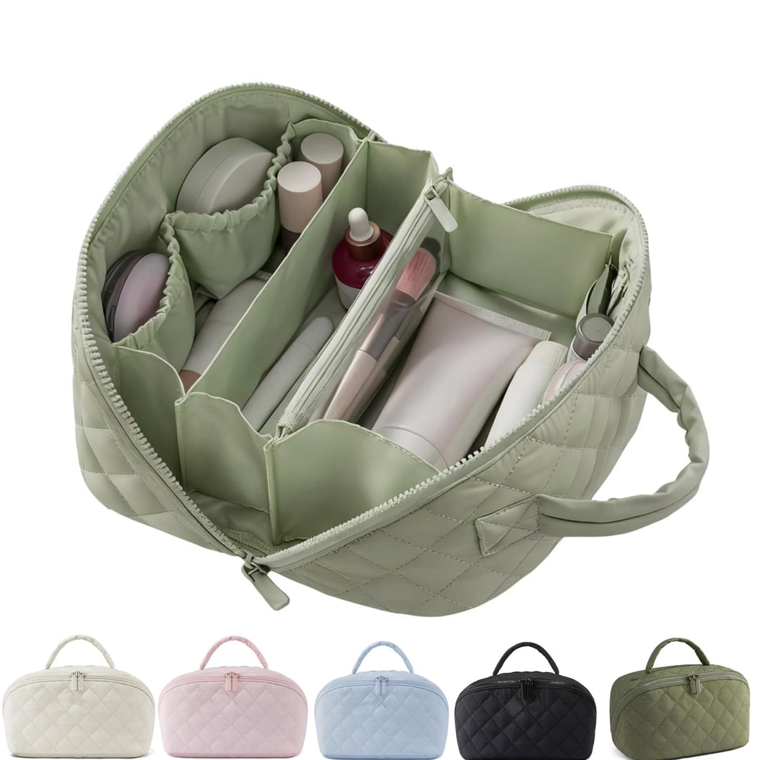 Travel Makeup Bag for Women – Large Capacity Waterproof Puffer Cosmetic Organizer, 180° Lay-Flat Toi
