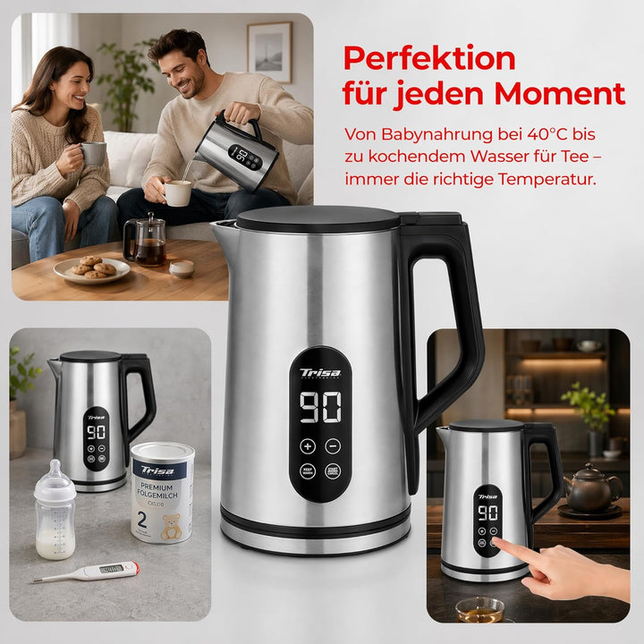 Trisa Digital Boil Doppelwandiger Wasserkocher 1,7L mit Temperatureinstellung (40-100°C), Edelstahl