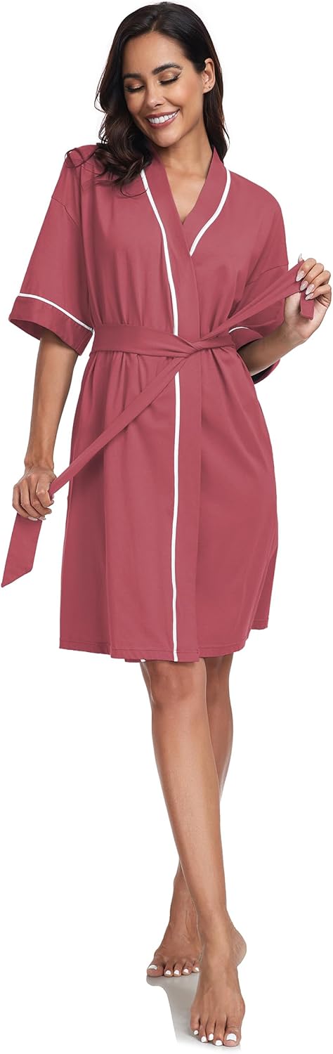COLORFULLEAF 100% Baumwolle Bademantel Damen Kurz Morgenmantel Leicht Knielang Kimono Saunamantel Na