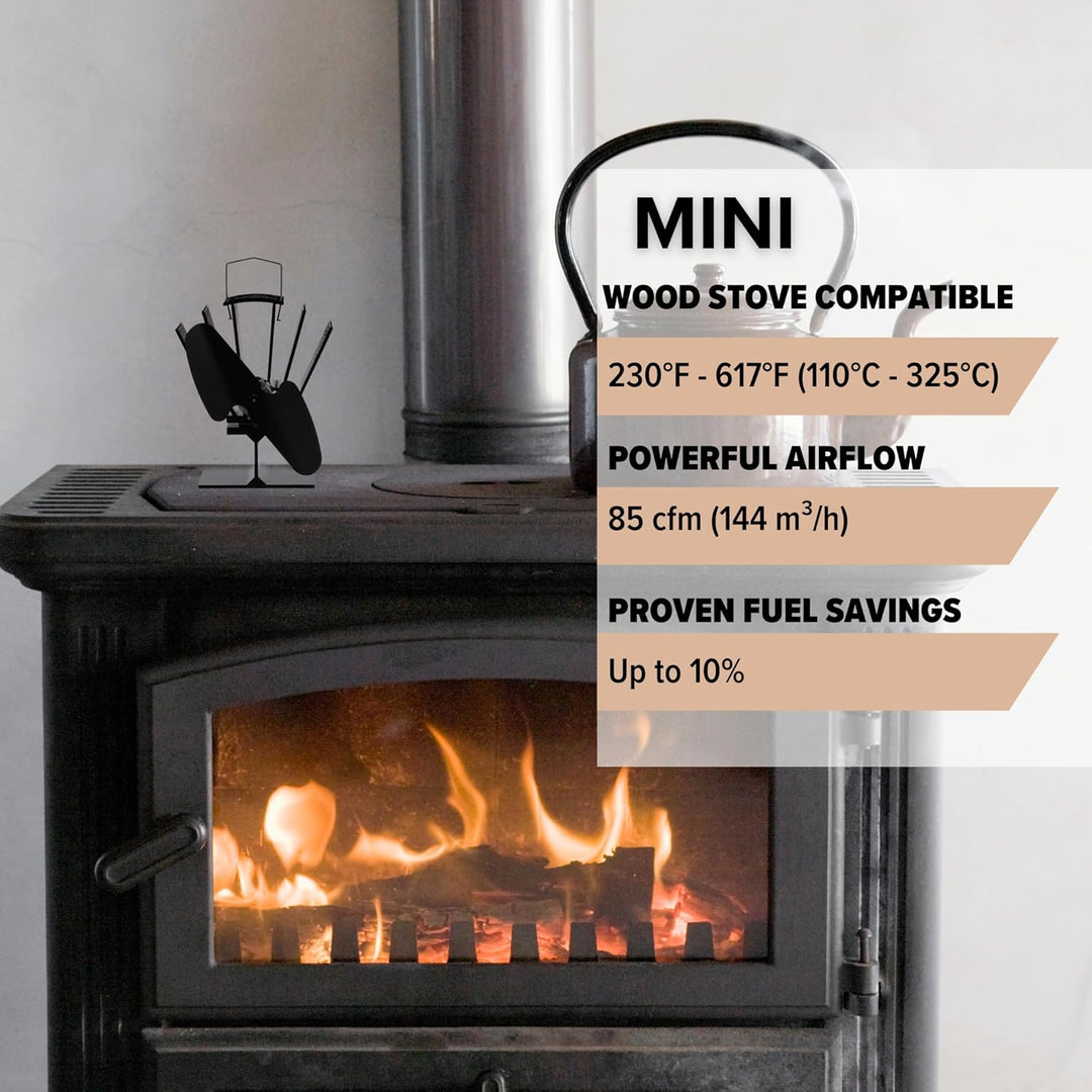 Ecofan Original Mini, Classic Styled, Heat Powered Wood Stove Fan, 85 CFM, 6.5" Blade, Black