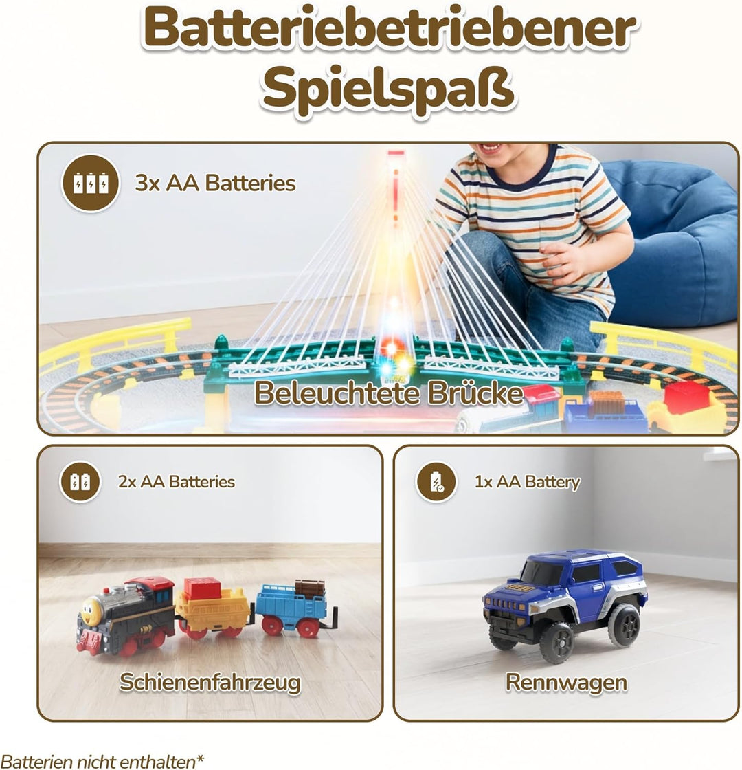 Kinderplay Elektrische Eisenbahn mit Rennbahn - Bahngleise, Autorennbahn, Batteriebetriebener Zug, 2