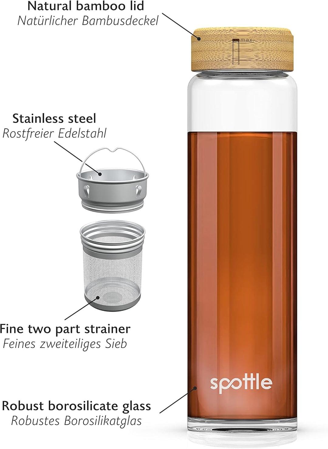 spottle Teeflasche mit sieb to go 1 Liter - Trinkflasche für Tee aus Glas in 500ml, 650ml, 1 l - Tee
