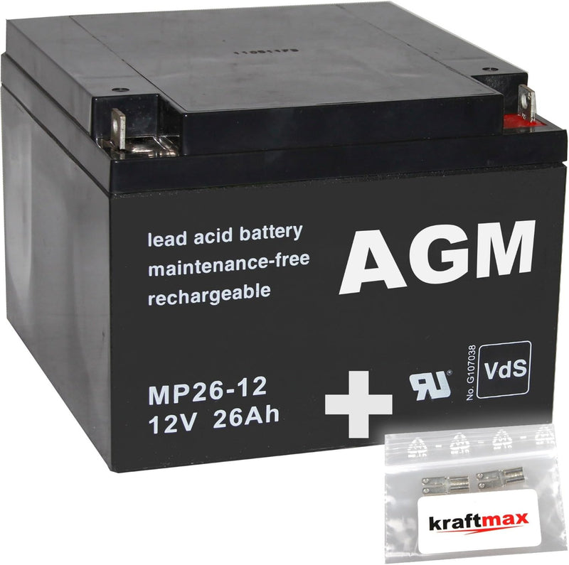 kraftmax 1x AGM 12V / 26Ah Blei-Akku - MP26-12 [ M5 - Bolzen inkl. Schraube und Mutter ] VDs geprüft