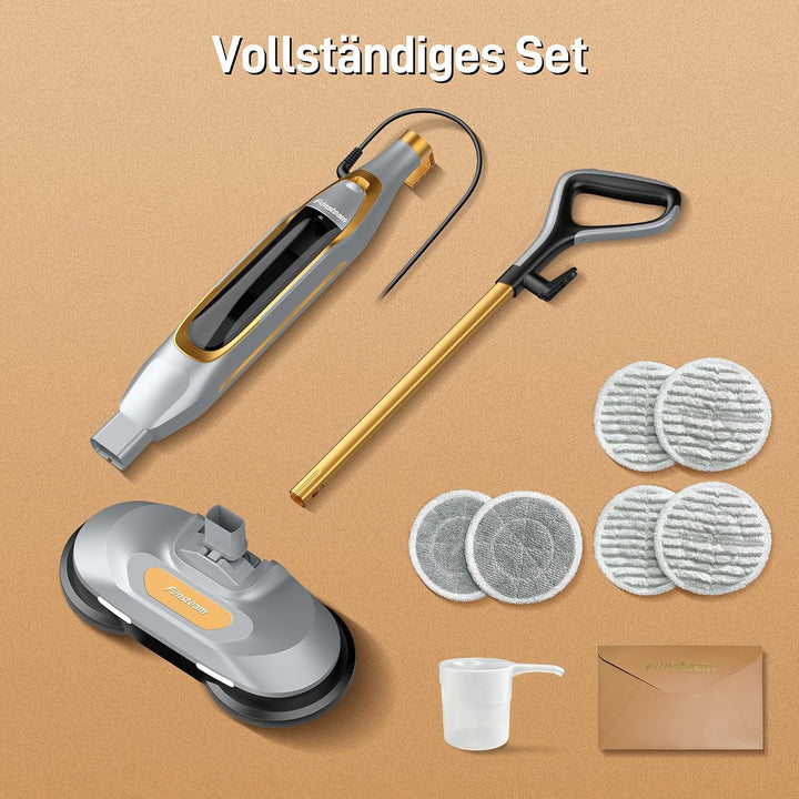 Dampfreiniger Steam Mop mit Doppelrotation und Eigenantrieb | 6 waschbare Mikrofaser-Pads, 4 Reinigu