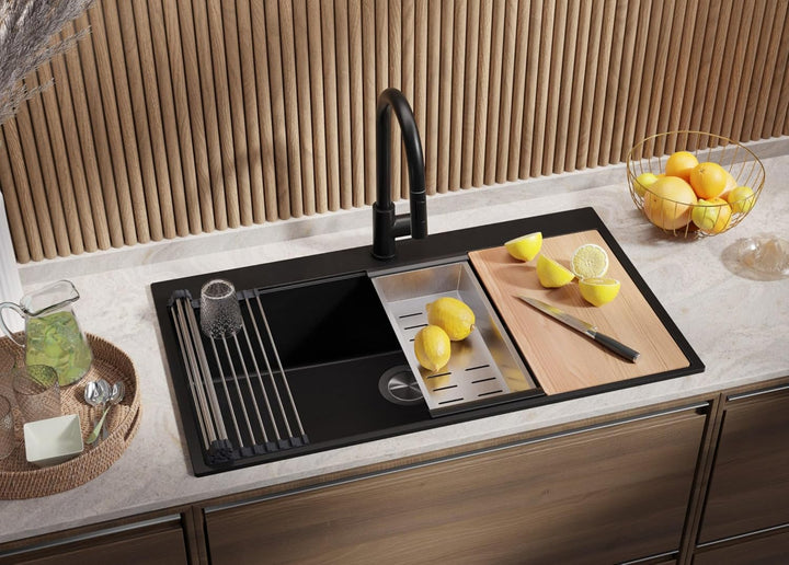 Granitspüle Schwarz 90x50 cm, Spülbecken + Ablauf-Set + Küchenarmatur 9050, Küchenspüle für 90er Unt