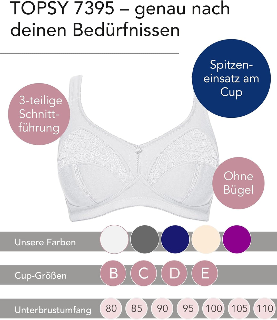 Susa Damen Entlastungs Topsy Plus Bügelloser BH 90D Weiss (Weiss 003), 90D Weiss (Weiss 003)