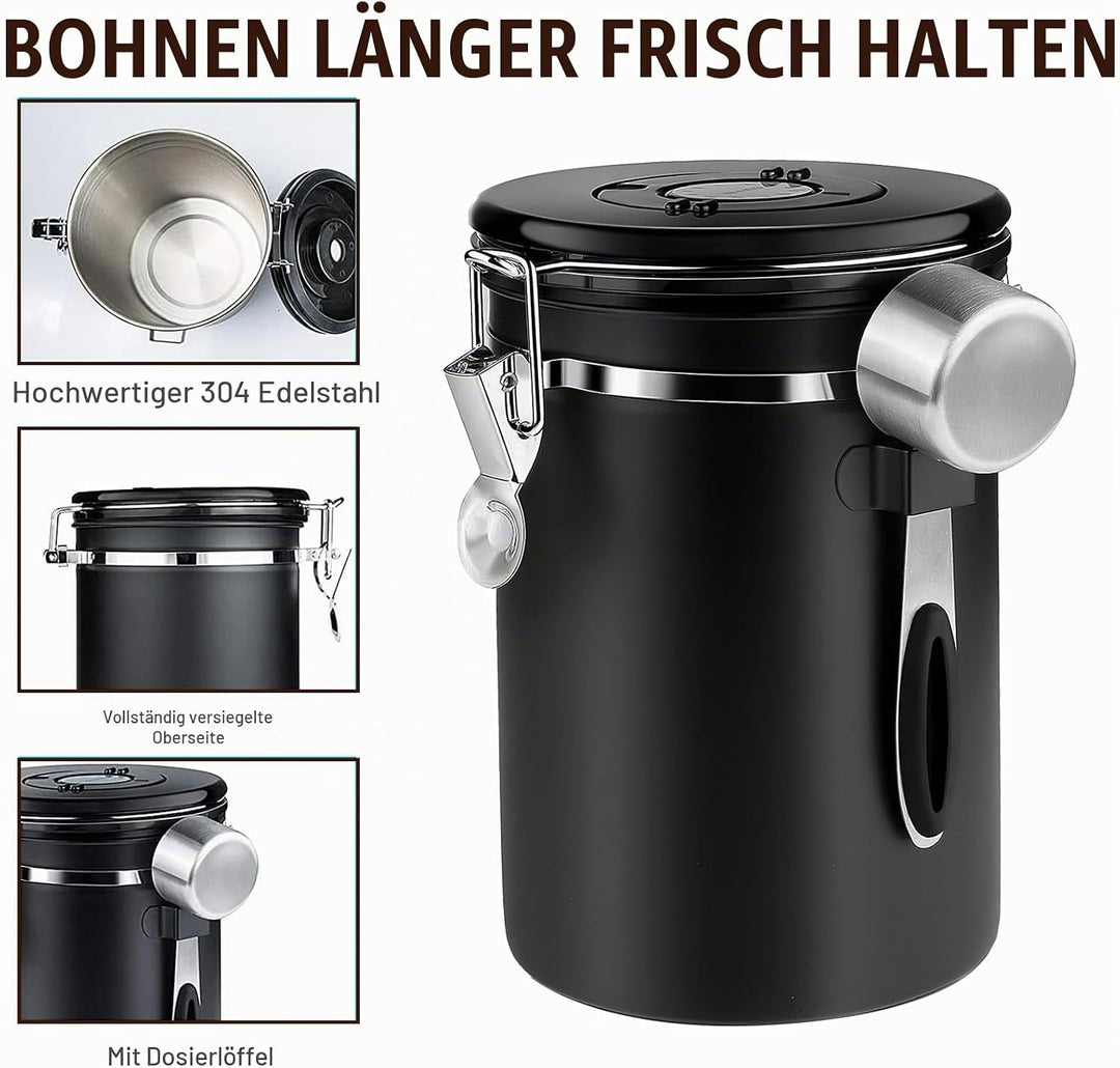Nizirioo 1,8L Kaffeedose Luftdicht aus Edelstahl Kaffeedosen Kaffeebehälter Aromadicht mit Löffel Ka