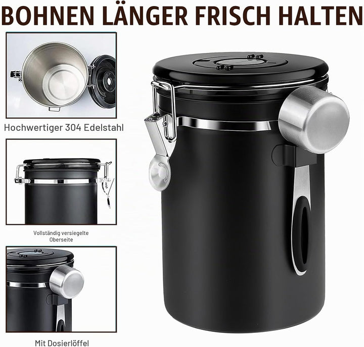 Nizirioo 1,8L Kaffeedose Luftdicht aus Edelstahl Kaffeedosen Kaffeebehälter Aromadicht mit Löffel Ka
