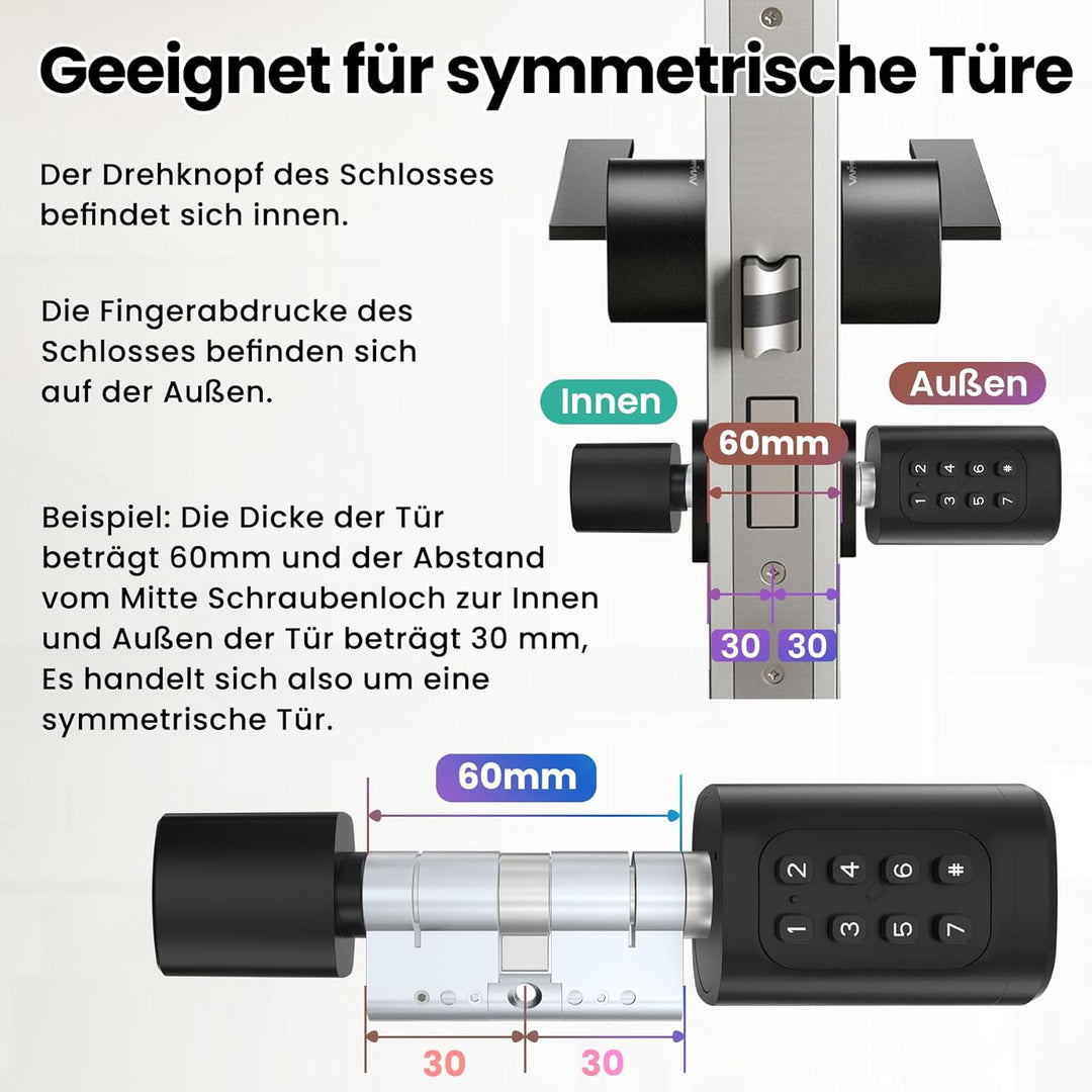 AVATTO Smart Türschloss mit Fingerabdruck und Passwort für 60-90mm Türen, SchliessZylinder Länge ist