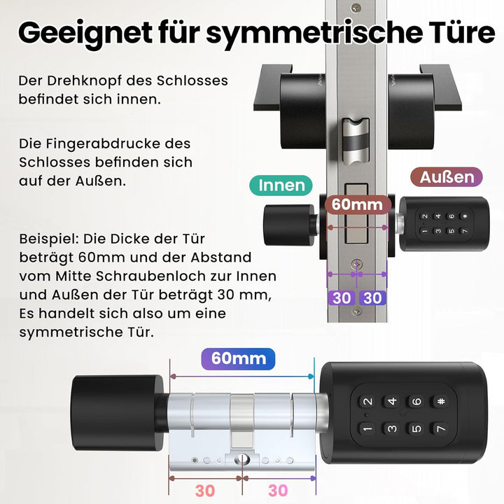 AVATTO Smart Türschloss mit Fingerabdruck und Passwort für 60-90mm Türen, SchliessZylinder Länge ist