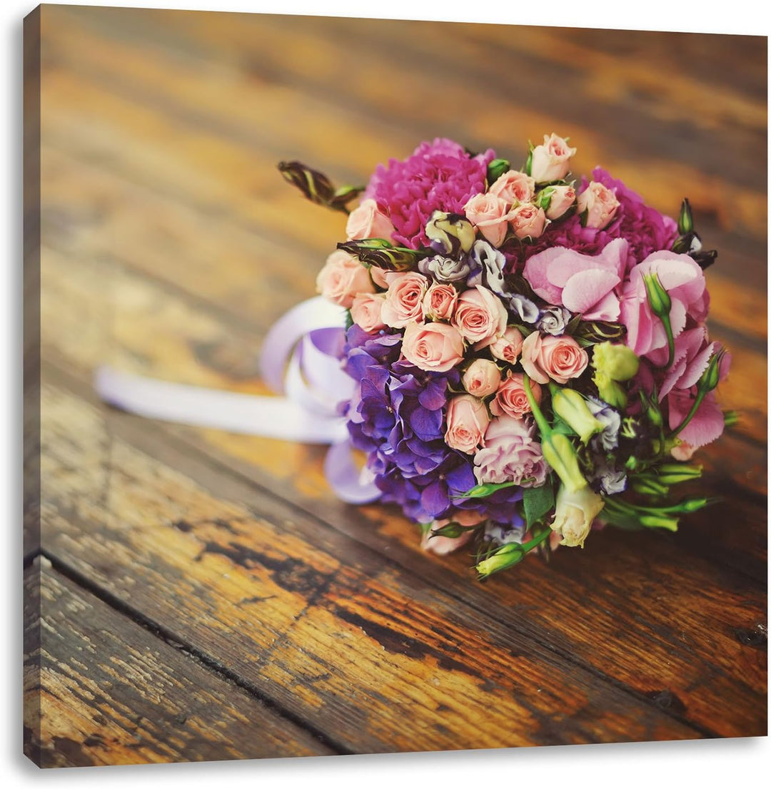 Pixxprint Blumenstrauss auf altem Holztisch als Leinwandbild/Grösse: 70x70 cm/Wandbild/Kunstdruck/fe
