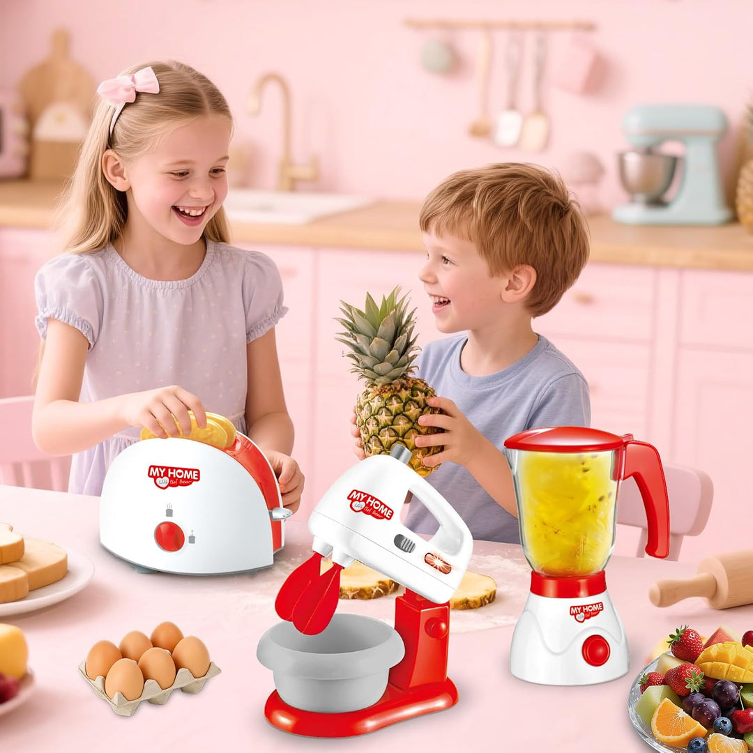 deAO Küchen-Set mit Mixer, Standmixer, Toaster und anderem Küchenzubehör, Spielküche Spielset für Ki